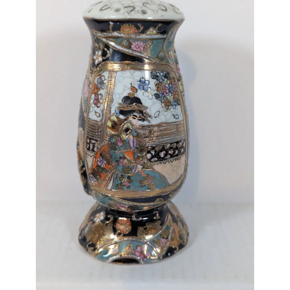 Vtg Satsuma Japan Hat Pin Holder Sugar Shaker Heavy Gold Moriage Geisha 6.25